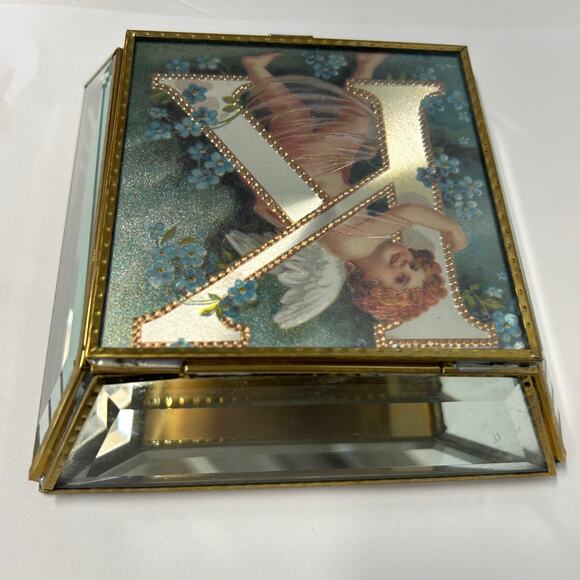 Beveled Glass Jewelry Trinket Box Victorian Style Angel Flowers Monogram "K" - Picture 5 of 8